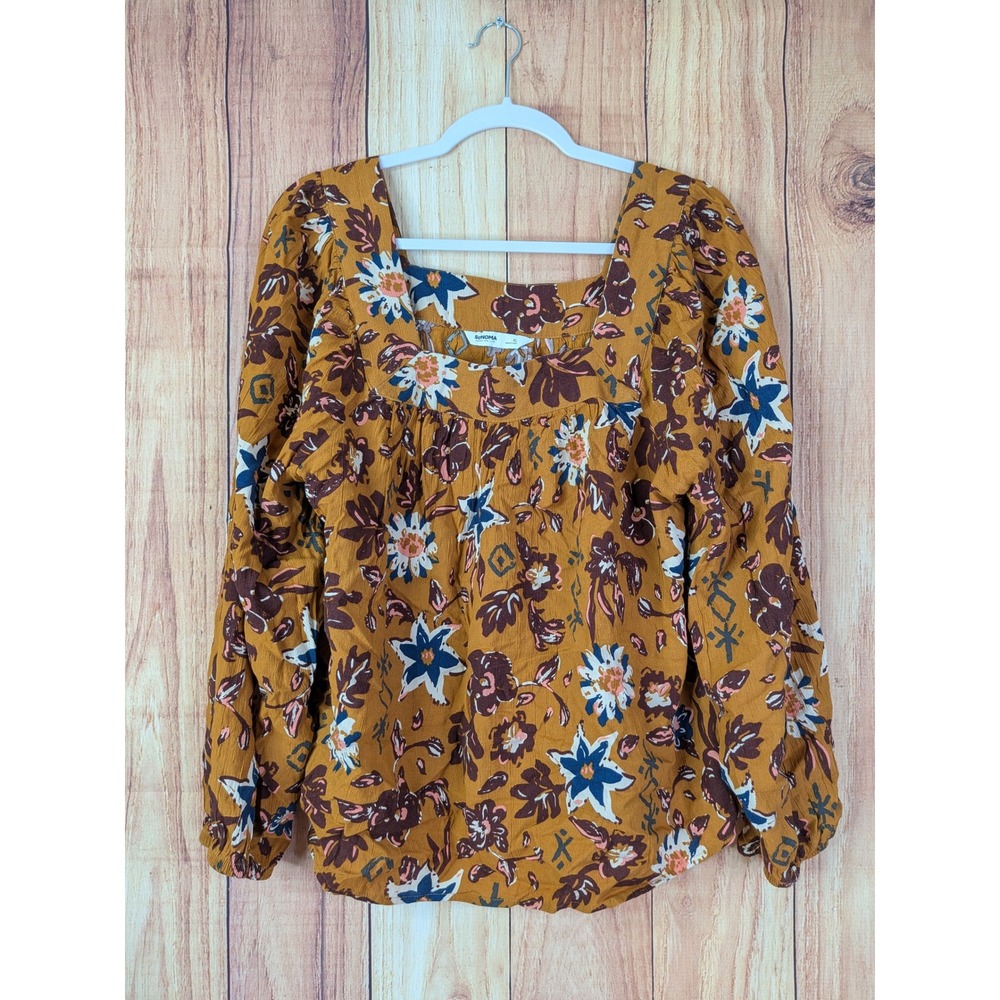 Floral Square-Neck Peasant Blouse - Mustard